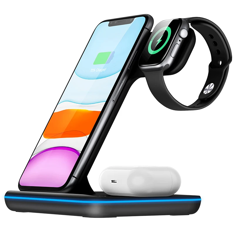 2021 Горячая продажа 3 в 1 Беспроводное зарядное устройство qi-сертифицированная станция 10 Вт для Iphone 8 x Xs Max Xr 11 12 Samsung S9 S10 Plus