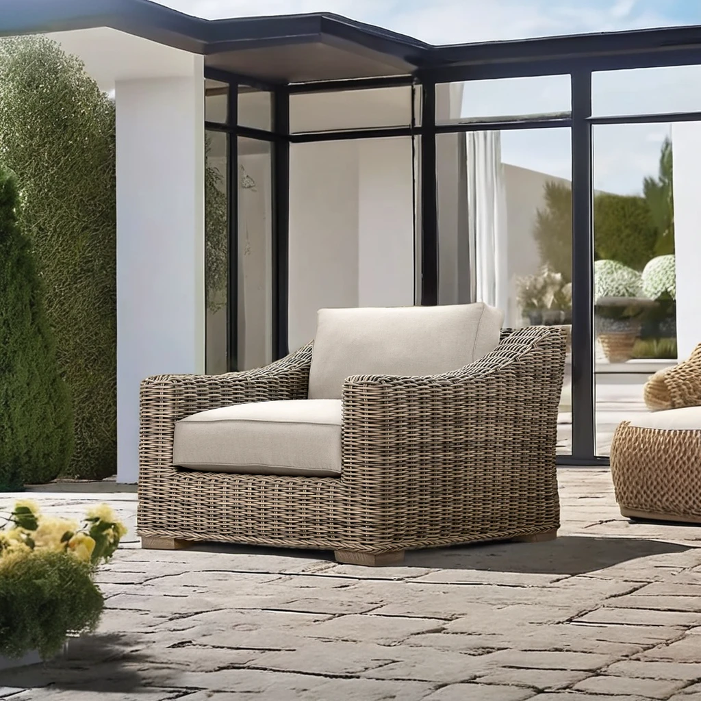 Modern all weather outdoor furniture garden low-slung seat sloping arms wooden feet single lounge chair