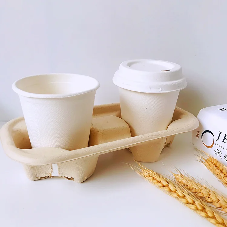 
Takeaway Disposable Drink Pulp Mould 2PCS Biodegradable Paper Coffee Cup Holder Tray 
