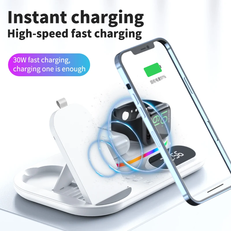 3 in one wireless charger stand with alarm clock Desktop 15W foldable fast wireless charging stand for iWatch