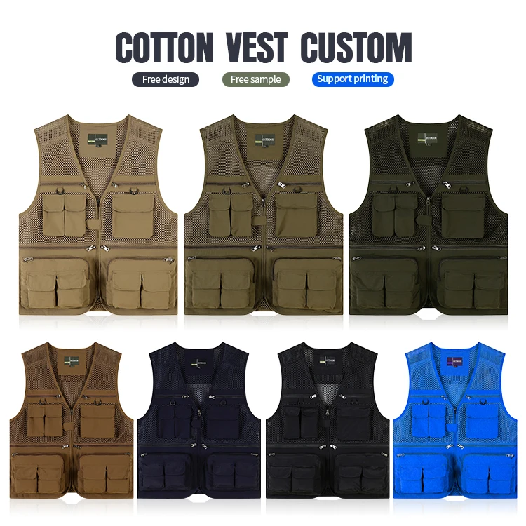 wholesale Fishing Wear Vest Cotton Men Outdoor Hiking Multi Pocket Cargo Design Mesh Lined Custom Logo Color