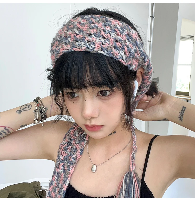 Hippie Hair Bandana Knit Headband with Long Tassel Crochet Head Wrap Boho Fashion Hair Accessory Women Knitted Head Ba