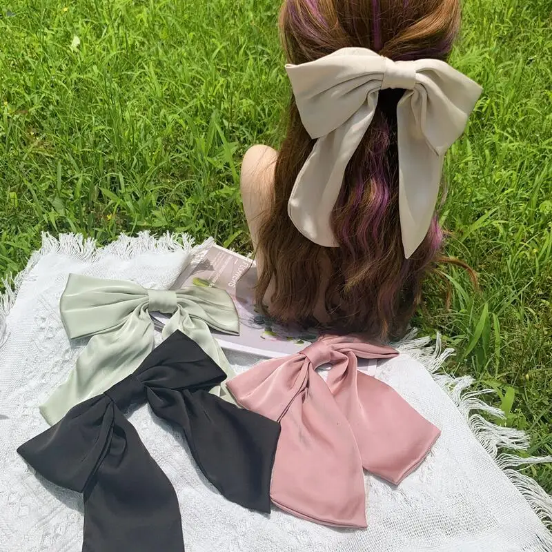 Vintage Big Large Bow Hair Clip Wedding Long Ribbon Korean Bow Spring Clip Hairpins For Women Girls