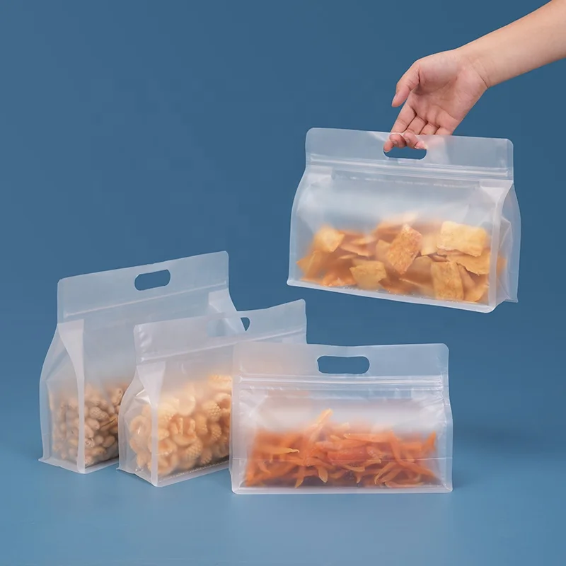 In Stock Resealable Clear Frosted Stand up Pouch Packaging Plastic Zipper Gusset Transparent Bag With Handle
