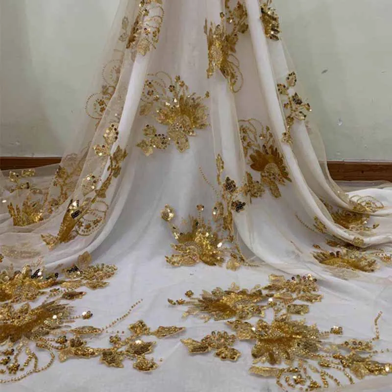 Mesh Embroidered Lace Beads Golden 100% Polyester 3d Embroidered Lace Dress
