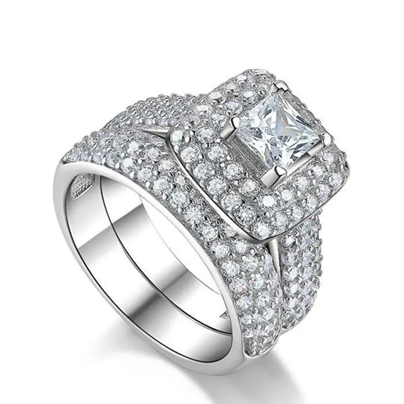 Brand New Wish Hotsale 2 Pcs/Set Full Diamond Square Cubic Zircon Wedding Rhinestone Crystal Cz Engagement Ring For Women