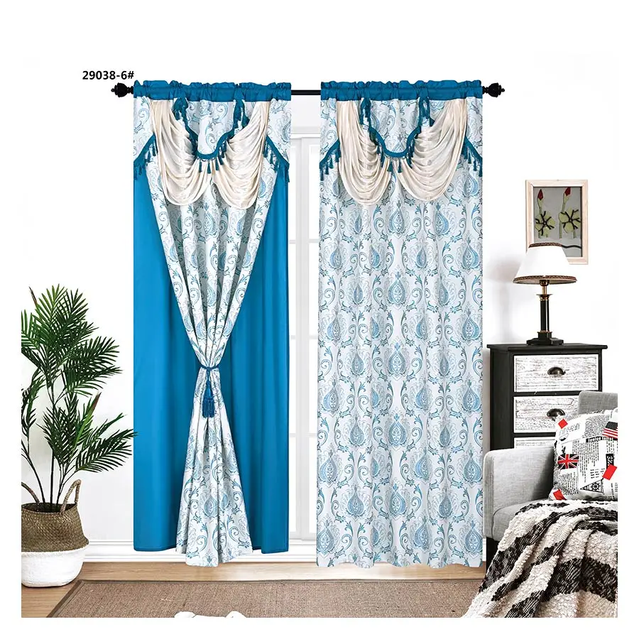 2pcs Beige Jacquard  Curtains Valance Fabric With Taffeta Backing And Tassels Design
