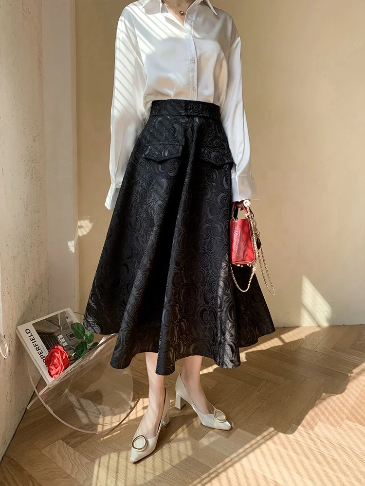 Black Skirt Ladies 2023 Hepburn style high waist vintage satin jacquard pocket skirt