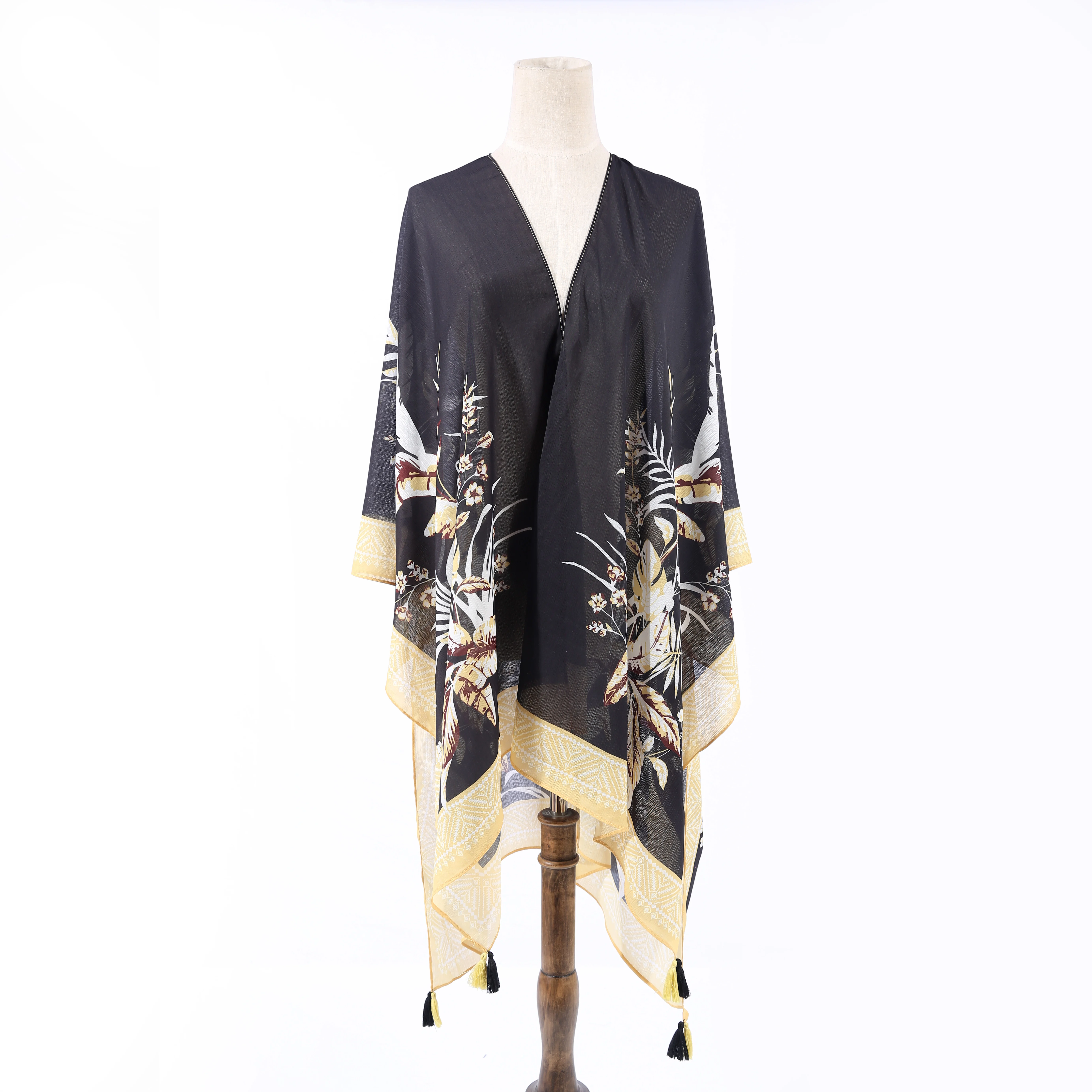 OEM ODM Luxury Summer Polyester Flower Print Fashion Woven Soft Poncho With Tassels