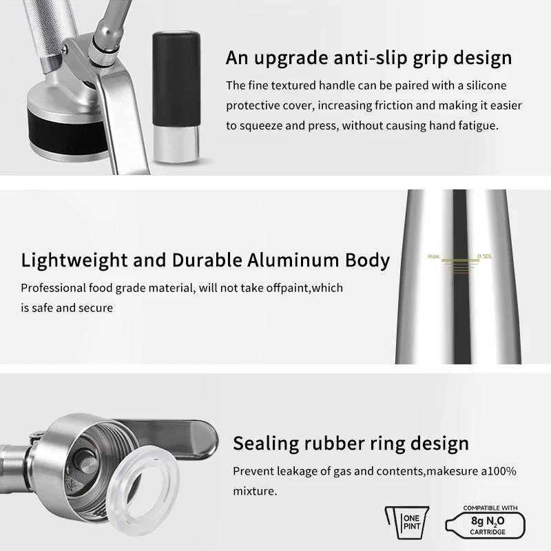 Easy to Clean Metal Cream Whipers BPA Free 1-Pint/500ml Whipped Cream Dispenser With English Instructions for Homemade Coffee