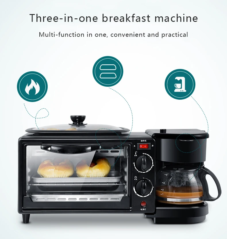 Household 3 In 1 Breakfast Machine 220V Bread Toaster 9L Electric Oven Coffee Maker Pizza Egg Tart Oven Frying Pan Tea Pot