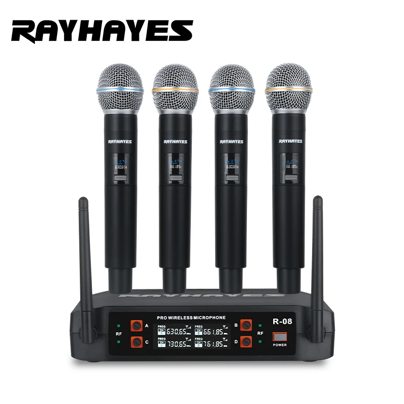 RAYHAYES 4 Channel Wireless Microphone System Dual Handheld Uhf Professional Karaoke Microphone