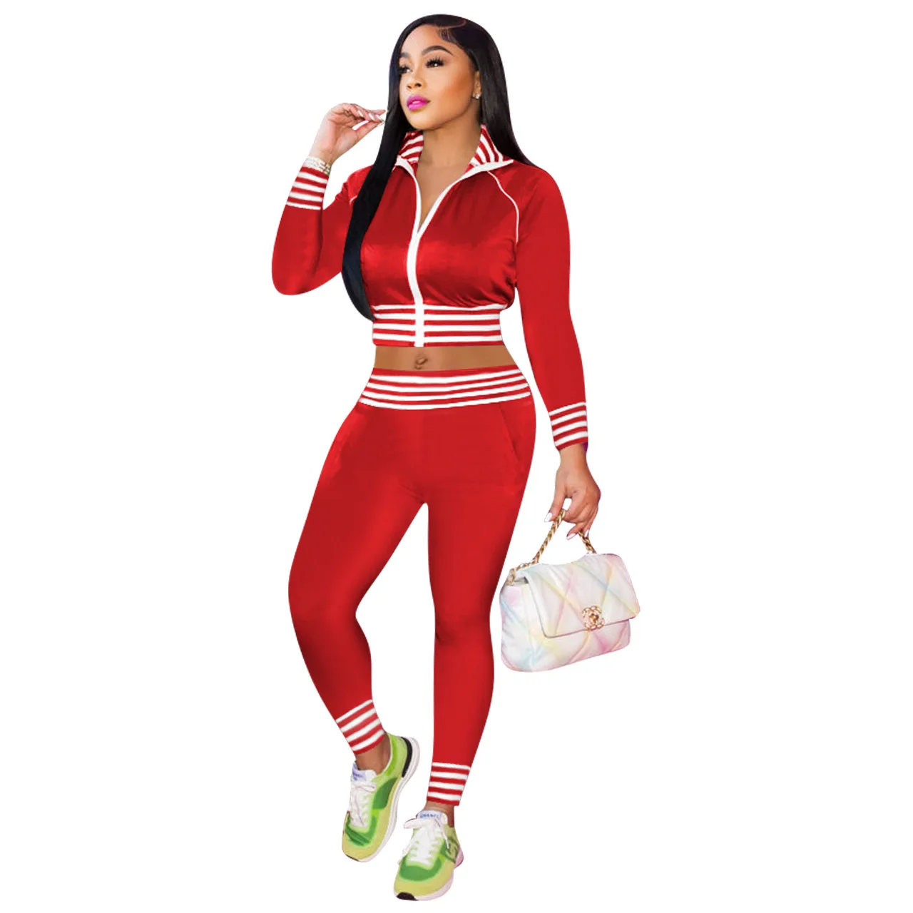 2023 Hot selling tracksuit solid color casual waist thread stand collar sports crop top suits clothes women two-piece set