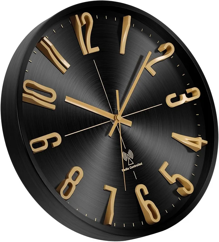12 inch Modern simple metal luxury 3D number Radio Control Wall Clock  silent round black custom atomic aluminum clock