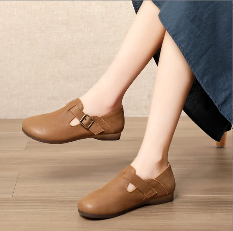 Real leather sole hard-wearing flat dresses shoes for women lightweight breathable oxford anti-slip vintage lazy shoes