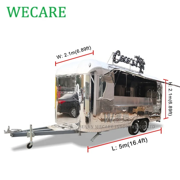 WECARE stainless steel mobile kitchen coffee pizza fast food trailer airstream remorque food truck with full kitchen for sale
