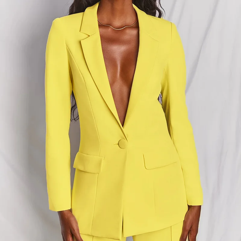
Fashion Women Office Coats Blazer Yellow/Pink Elegant Ladies Celebrity Evening Runway Party Pants Suits 