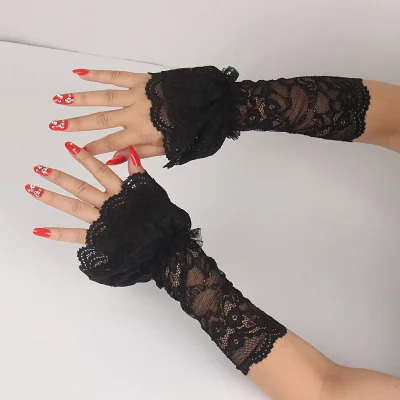 Black and white apricot powder double-layer lace cuff decoration long lace big stretch sweater hand sleeve female