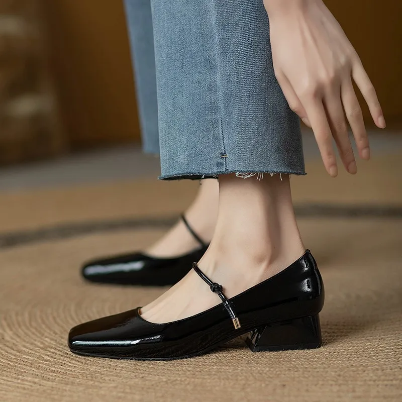 New Strap Women Pumps Spring Shoes Square Toe Thick Block Heels Girls Mary Jane Shoes