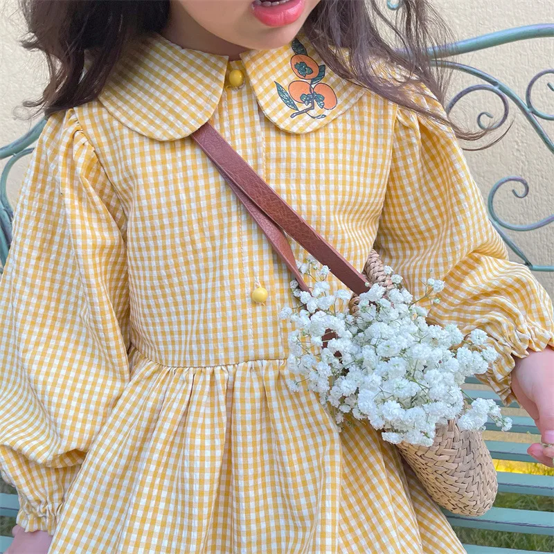 Retro Style Kids Dresses For Toddler Girls Long Sleeve Costume Cute Collar Cotton Clothes Plaid  Dress for Kids