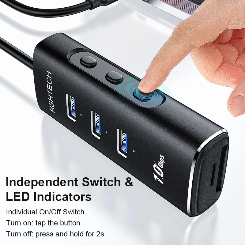 RSHTECH 5 in 1 USB C Hub with 10Gbps Data Ports SD/TF Card Reader 2ft Cable and Individual Switches Type C hub for PC