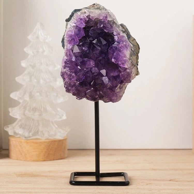 High Quality Gemstone Natural Amethyst Metal Stand Raw Quartz Crystal Healing Stone Art Crafts for Office Decoration