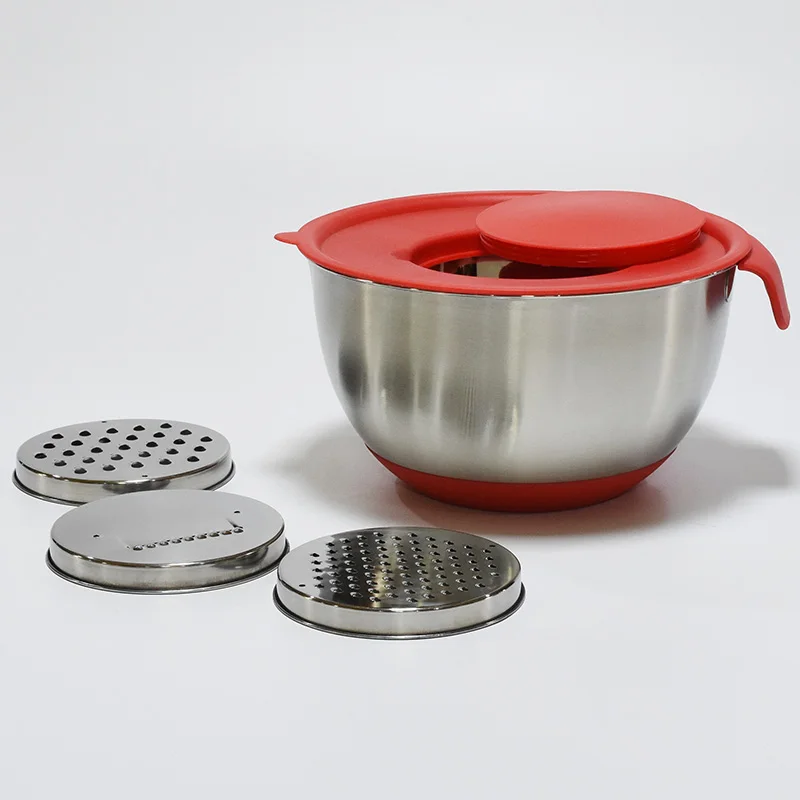 Factory wholesale stainless steel salad bowl With silicone bottom and cover Salad bowl with cutter