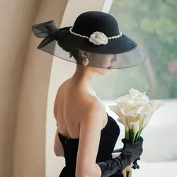 H7128B  Lady Black Fedoras Hat Ladies Mesh Yarn Fascinators Bridal Wedding Hats Veil Headdress Hats