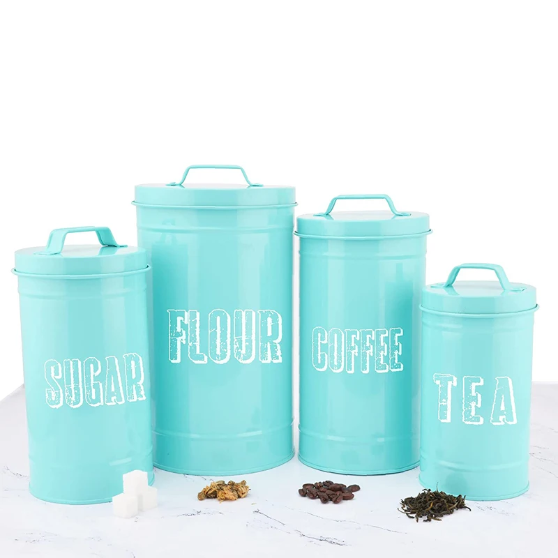 Vintage prints kitchen storage bin set steel flour sugar coffee tea canister with airtight lid