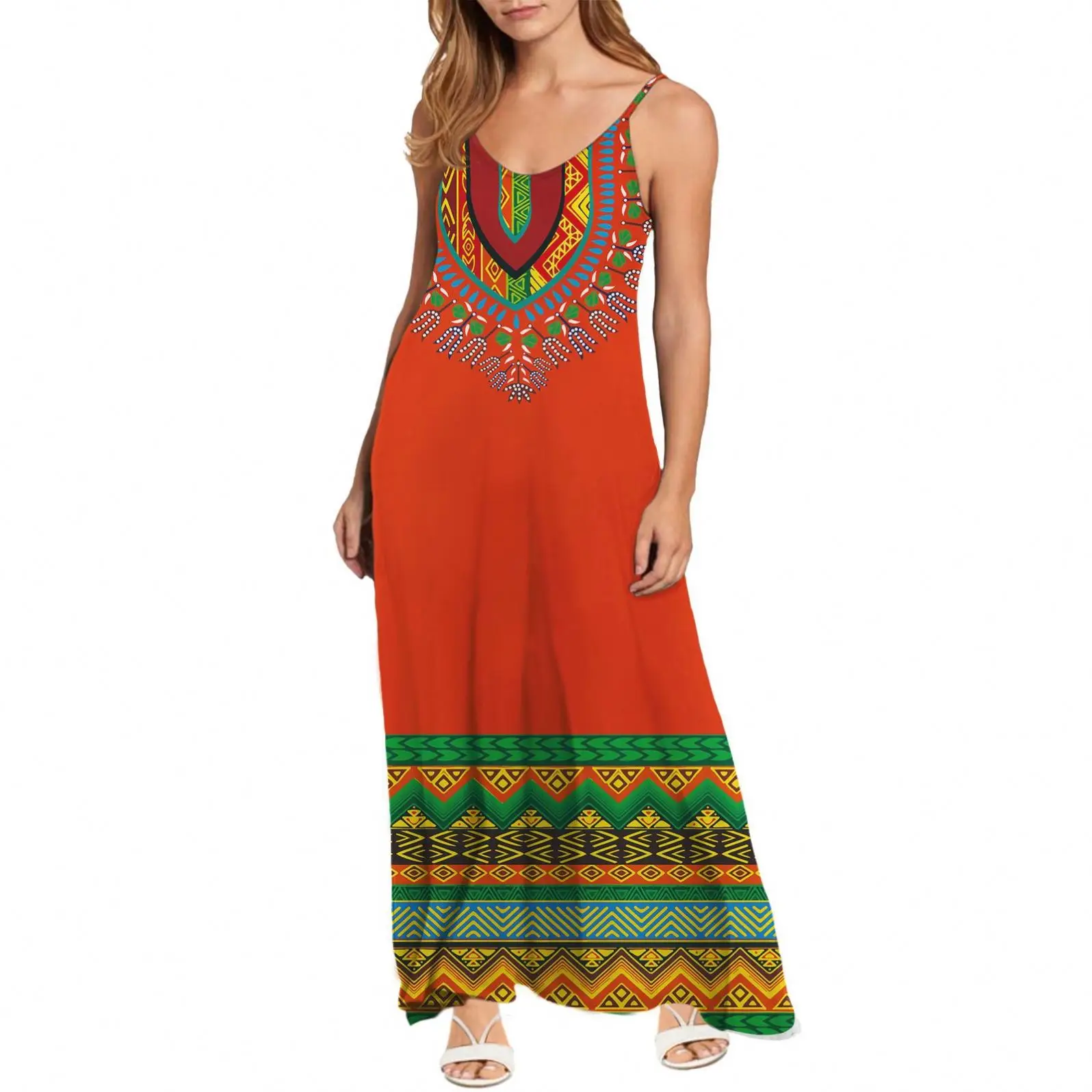 
African Print Kente Dashiki Style Long Dresses Women Maxi Casual V Neck Boho Adjustable Spaghetti Strap Ethnic Beach Long Dress 