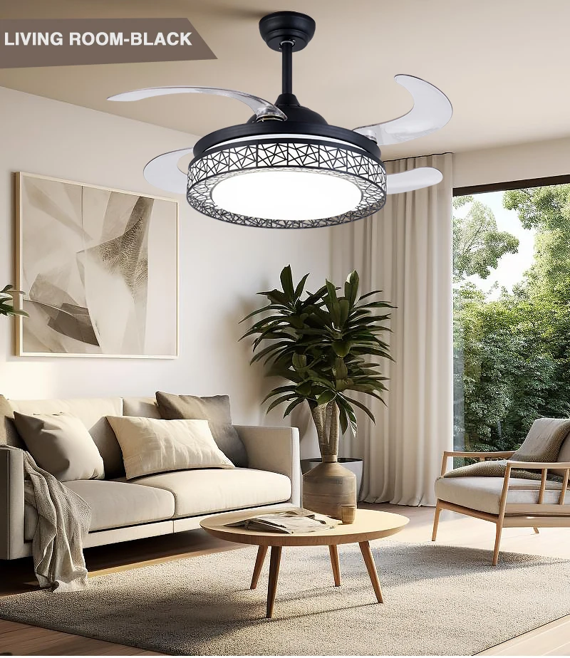 42' Chandelier 4 ABS Blades All Copper Moto Retractable Invisible Led Ceiling Fan With Light And Remote
