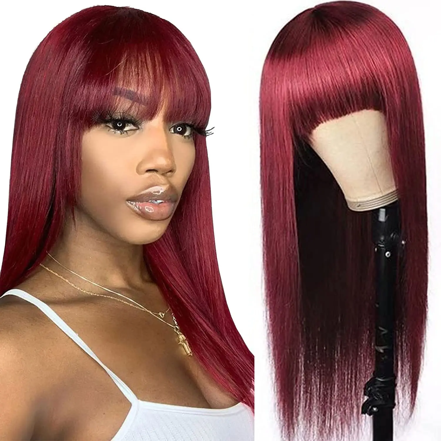 Rebecca 99J Human Hair Wig with Bangs Straight Hair Glueless None Lace Front Wigs for Women Brazilian Remy Hair Wine Red Color