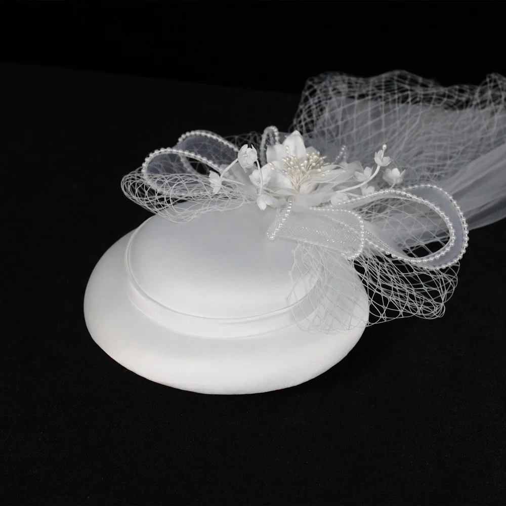 wholesale fashion Women white satin flowers beret mesh veil pillbox hat Kentucky Derby bride hats church wedding new arrival