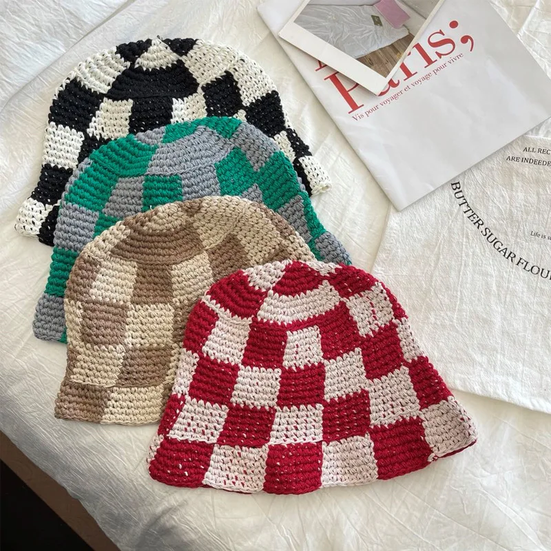 Autumn And Winter Handmade Crochet Bucket Hat Knitting Simple Lattice Beach Bucket Hat Women
