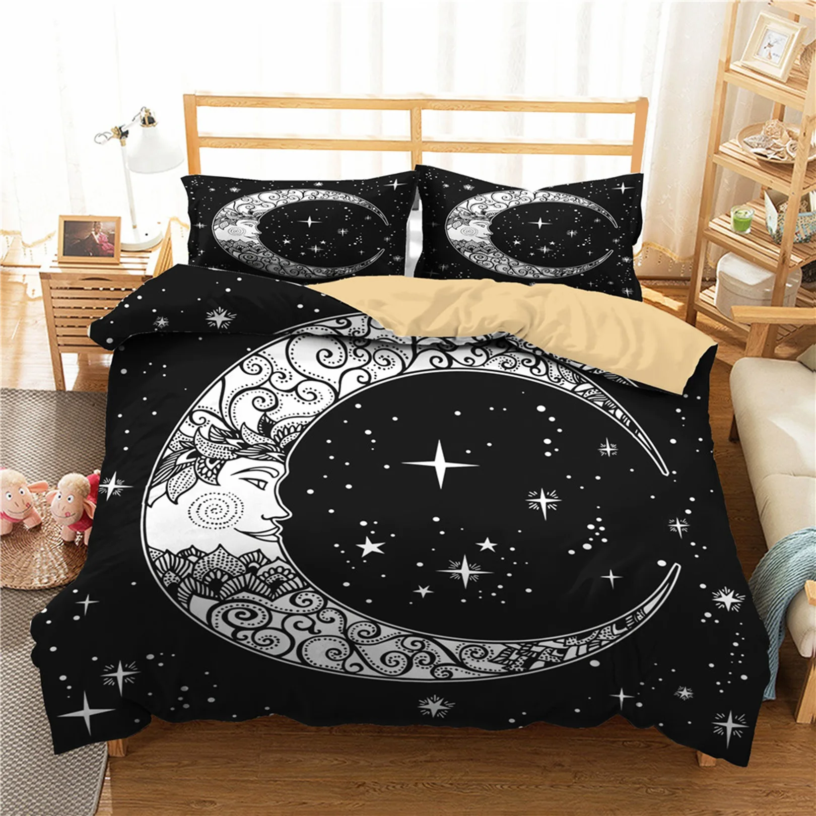 Sun Moon Comforter Cover Set Stars Space Psychedelic Duvet Cover Black and White Bedding Set 3pcs for Kids Boys Teens Microfiber