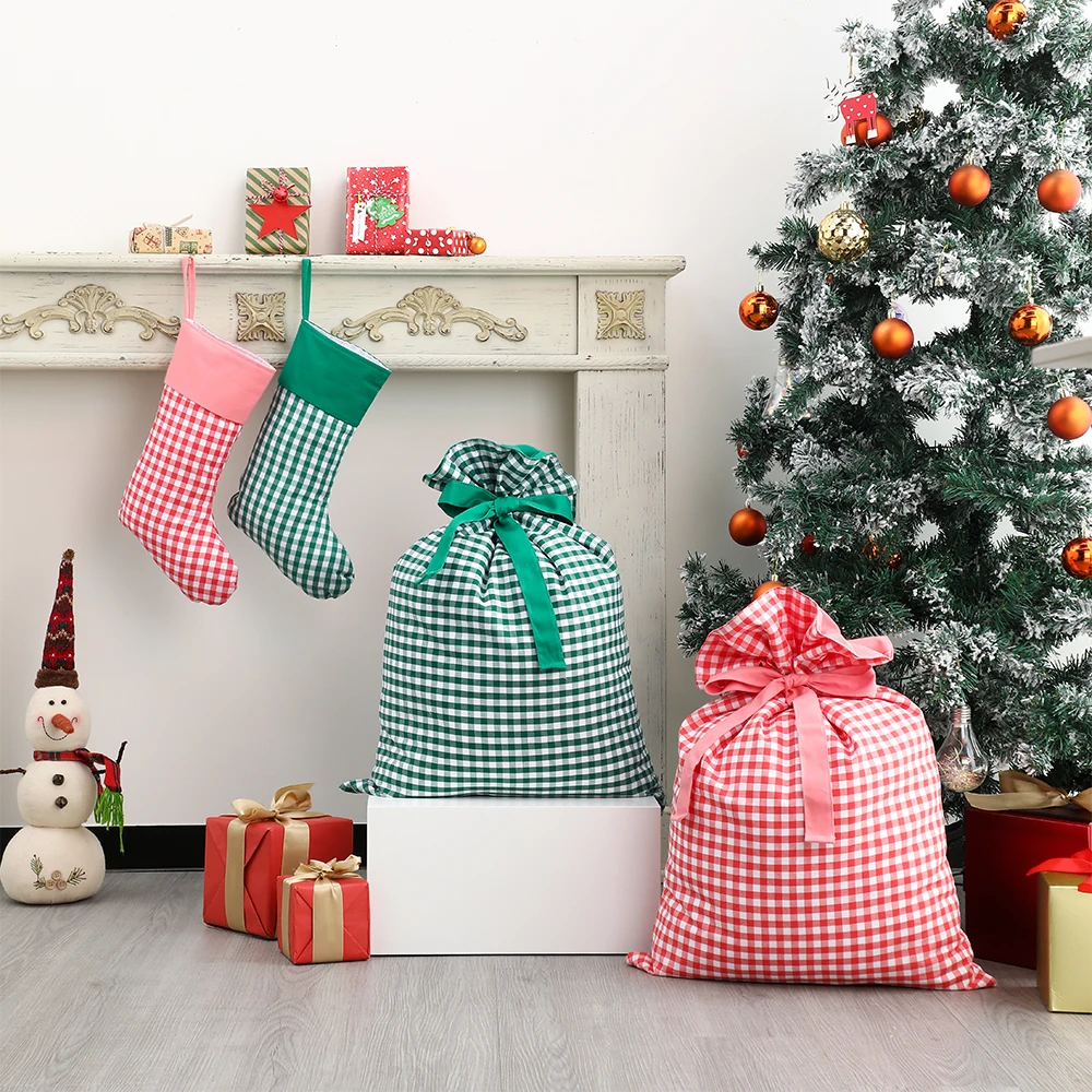 Personalised Drawstring Storage Gifts Bag Christmas Plain Blank Gingham Santa Sack
