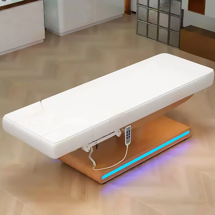 Modern thai style solid wood base lash cosmetic bed 3 motors adjustable electric wooden massage bed with led lighting