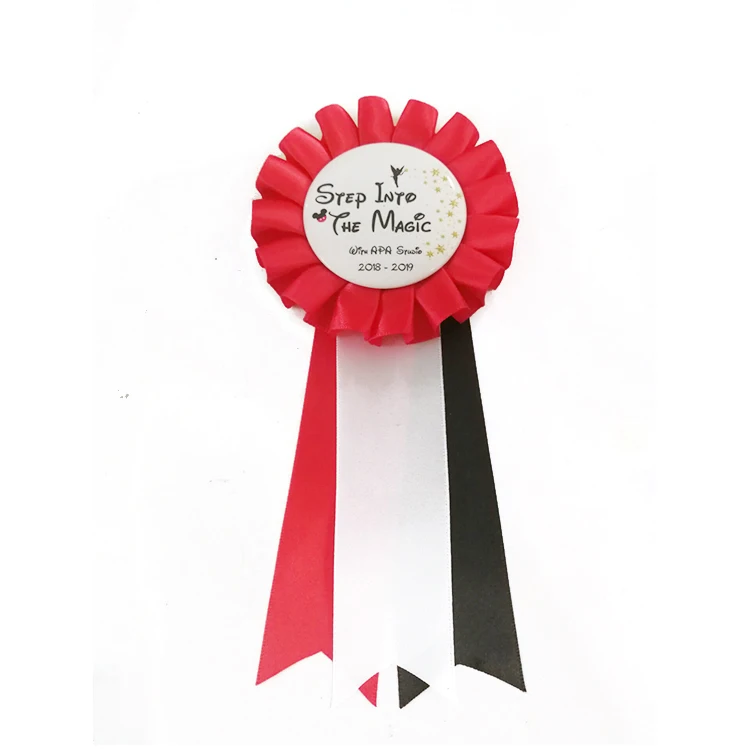 Customized Award Satin Ribbons Rosettes Round Tinplate Ribbon Tin Button Badge