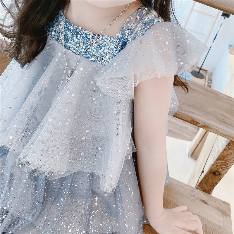 Spot Goods Summer Baby Dress Lace Party Tulle Ruffle Sleeve Star Sequin Cake Dress