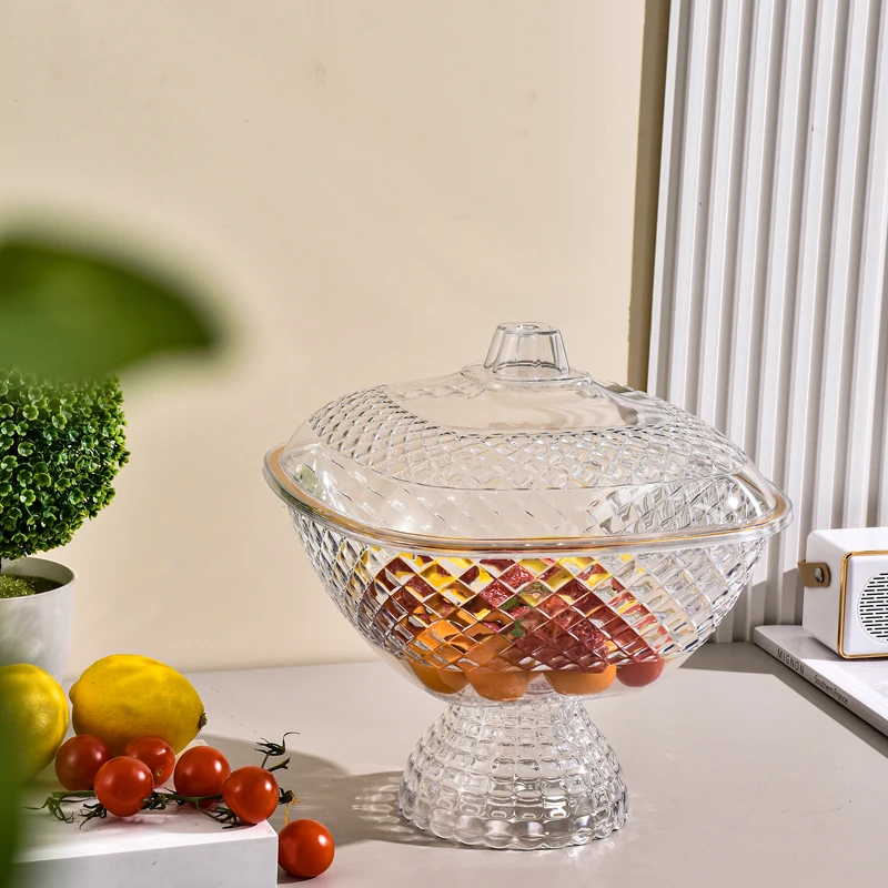 Multisize Transparent Gold Line Plastic Serving Bowl with Lid Salad Bowl for Cereal Pasta Fruit Popcorn Chips