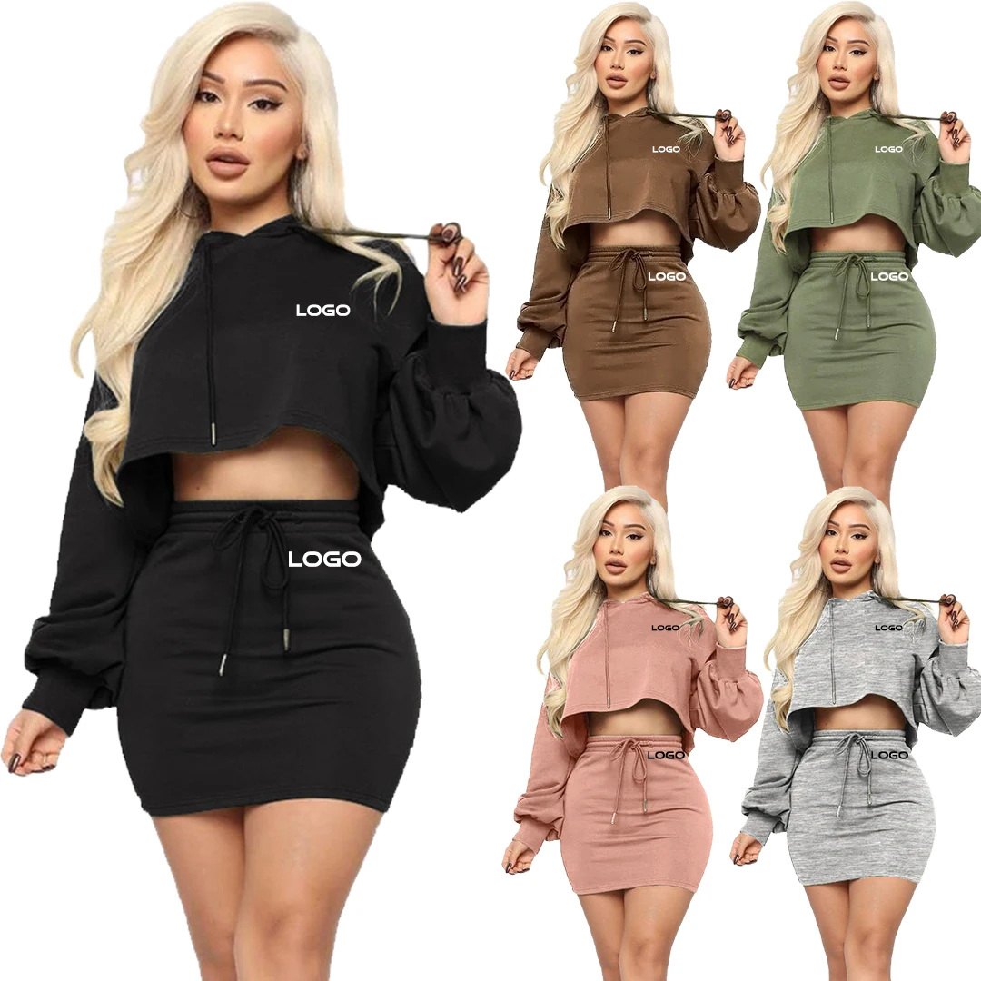 2022 Custom Logo Jogging Set Outfits For Women Suits Crop Top Hoodie Sweatshirt Dress Long Sleeve Drawstring Two Piece Skirt Set