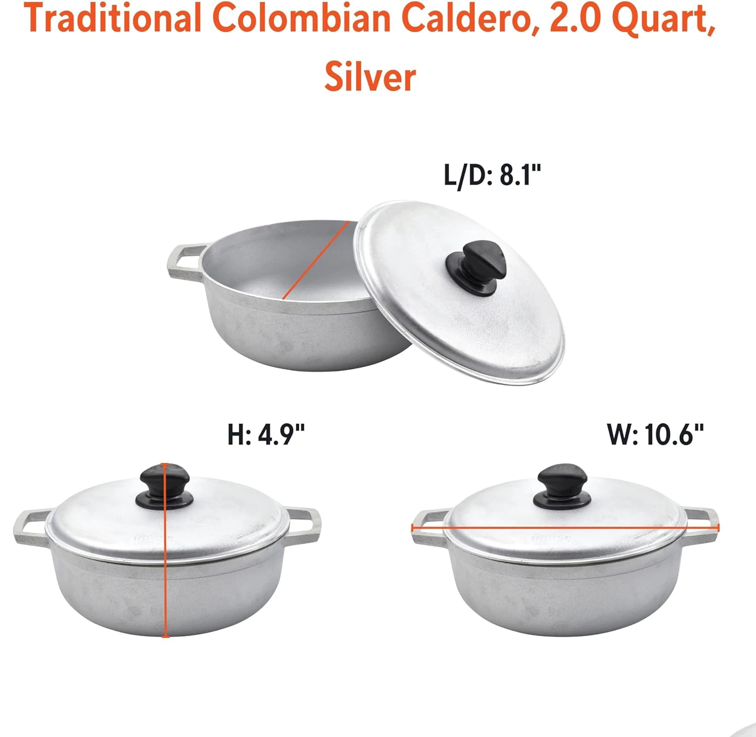 Aluminum 2.0Qt Handmade Traditional Colombian Caldero for Cooking and Serving, Silver