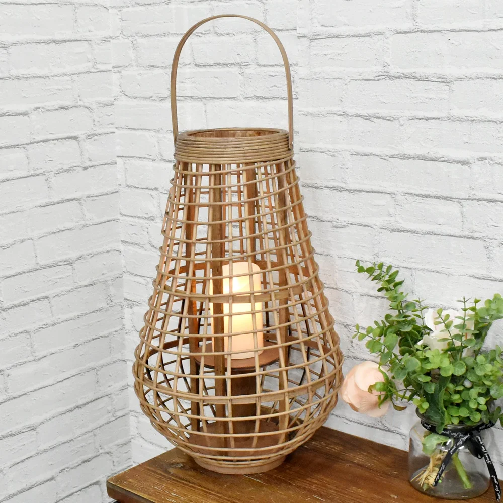Hot Selling Home Deco Craft Natural Vintage Rustic Large Decorative Handmade Rattan Weaving Storm Lantern Bamboo Candle Lantern