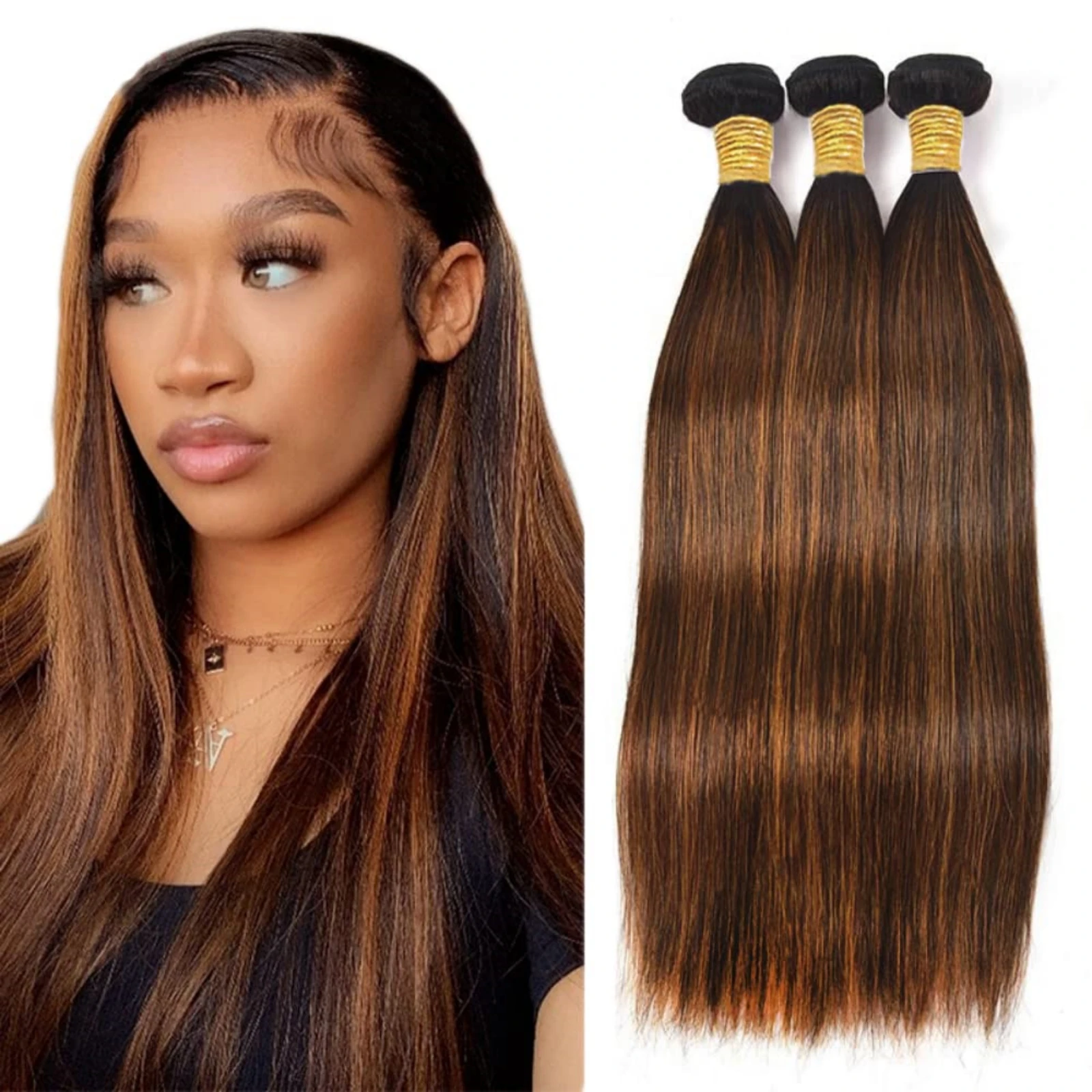P430 Bundle 26 Inch Brazilian Virgin Human Hair Untreated Light Brown Straight Bundle with Average Size Cap