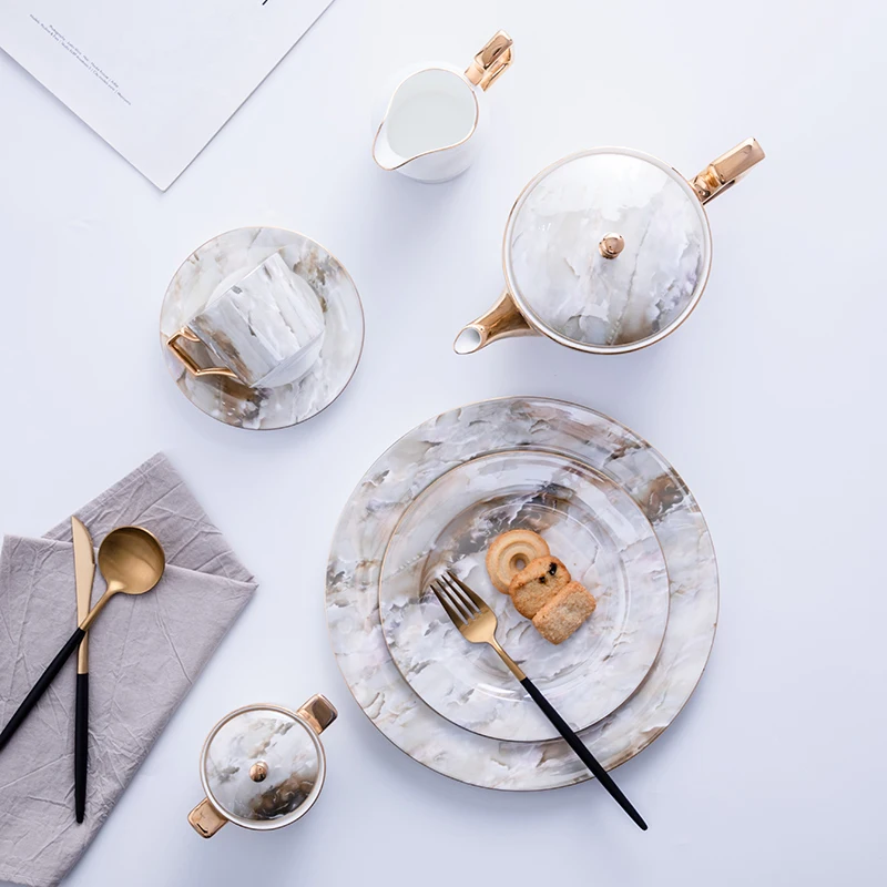 luxury design bone china ceramic hotel restaurant marble dinnerware set