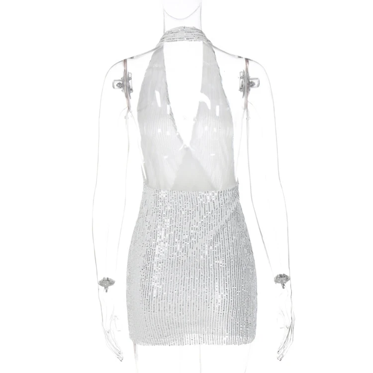 New Item Elegant Party Black Brillos Sequins V Neck Vestidos Para Fiesta Club Halter Sexy Dresses Women Night