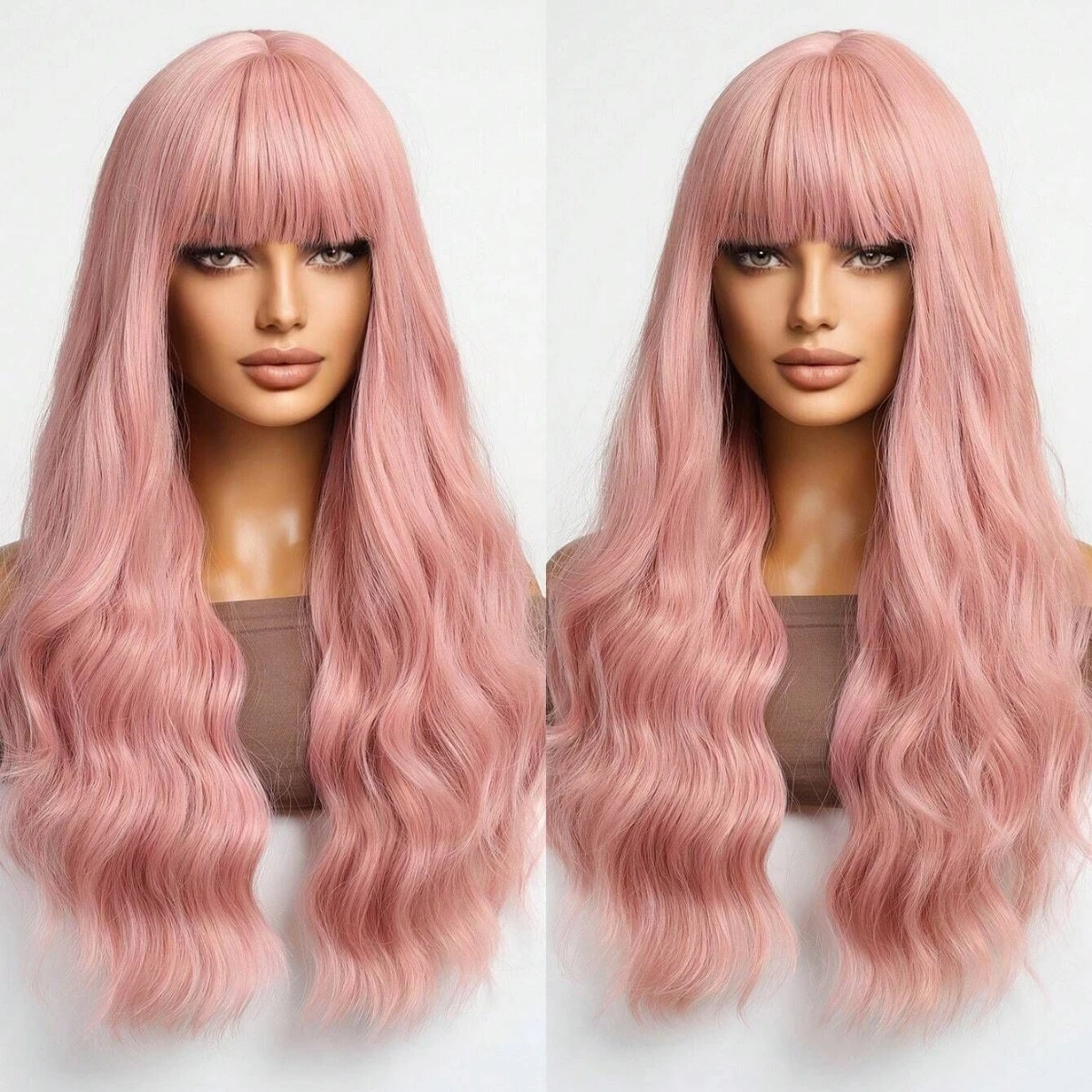 Anxin Long Natural Wavy Pretty Pink Synthetic Wigs with Bangs for Women Daily Use Cosplay
