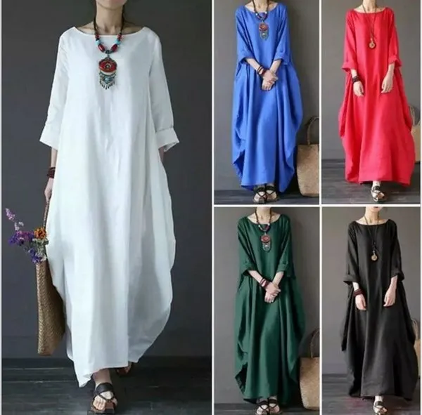 3xl 4xl 5xl Cotton Women Maxi Dress Big Size Summer Autumn Loose Linen Long Sleeve, Oversize White Red Blue Boho Dresses