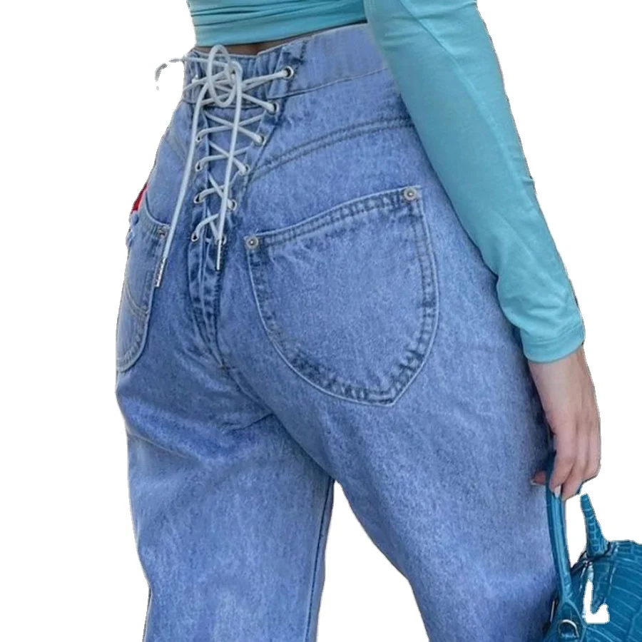 W21P08091 осенняя одежда модные 2021 хлопковые джинсовые брюки с высокой талией Прямые уличные рваные бандажные женские джинсы с дырками