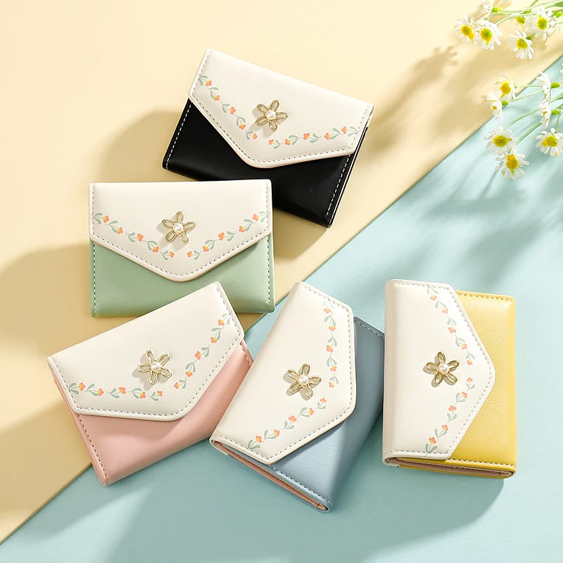 YIMYIK Whole Graceful Short Purse Contrast Color PU Threefold Flower Ladies Wallet